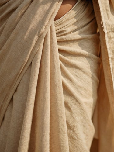 A close-up of soft-washed cotton saree pleats draped effortlessly, warm natural daylight highlighting the delicate handwoven textile texture.