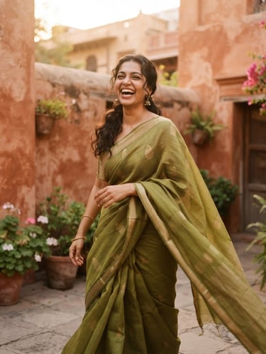 A medium shot of a woman laughing candidly in a terracotta-walled courtyard, wearing a lightweight olive green Chanderi saree in motion, soft golden-hour natural light.