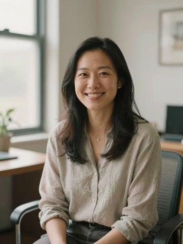 Environmental portrait of Amy Liu Miller, a female therapist with a warm smile, sitting in a naturally lit office, soft neutral tones, shallow depth of field.
