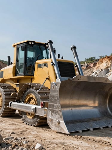 Low-angle dramatic shot of a heavy crawler bulldozer with a massive semi-U blade pushing earth in a quarry, high-contrast midday sun highlighting steel textures and hydraulic cylinders.