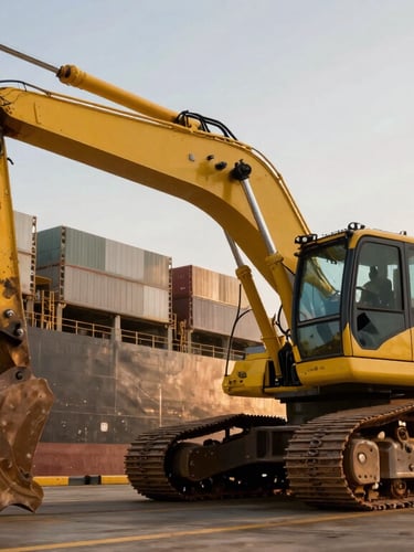 Low-angle dramatic shot of a massive yellow excavator being secured onto a cargo ship deck at a busy industrial port during golden hour.