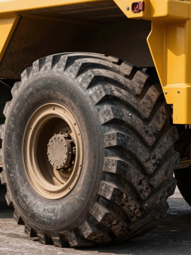Close-up of a massive dump truck tire tread and heavy steel suspension components, yellow chassis frame visible, high-contrast lighting.
