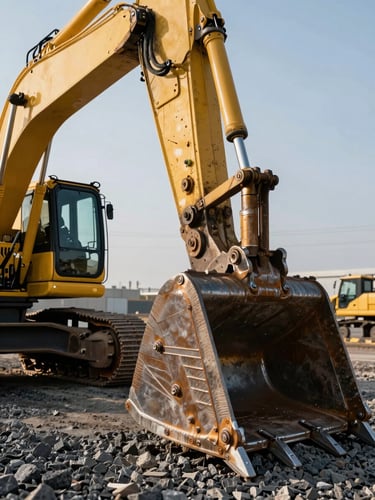 Dramatic low-angle shot of a massive yellow excavator bucket resting on dark gravel, sharp midday sun highlighting steel weld textures and hydraulic cylinders, high-contrast industrial composition