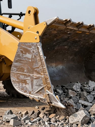 Extreme close-up of a massive yellow wheel loader bucket slicing into a pile of crushed limestone, sharp focus on steel teeth and hydraulic pistons, dramatic side lighting.