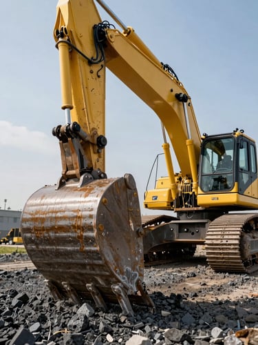 Low-angle dramatic shot of a massive yellow crawler excavator bucket digging into dark gravel, sharp midday sun reflecting off hydraulic steel.