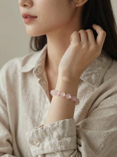 A close-up portrait of a woman with a serene expression, soft side lighting, wearing a delicate rose quartz bracelet, linen shirt, warm neutral tones.