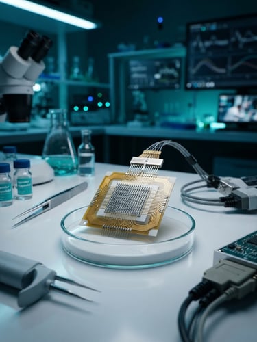 Crisp scientific photography of a high-tech neuroprosthetics laboratory, cool blue and biomedical teal lighting, microelectrode arrays on a clean research bench, shallow depth of field.