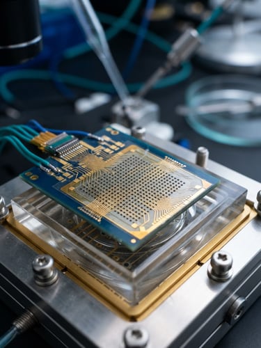 Crisp scientific photography of a high-precision microelectrode array under clean laboratory lighting with deep blue and biomedical teal accents, macro lens, shallow depth of field
