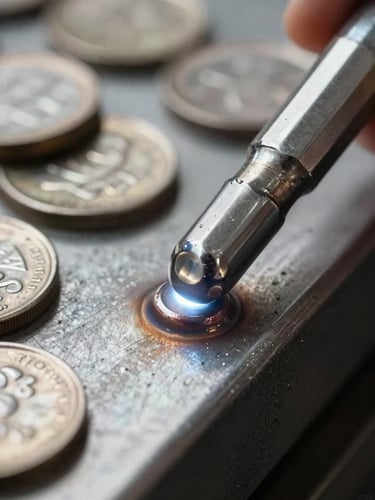 Macro shot of a flawless TIG weld bead on stainless steel, showing the precise stack of dimes texture under cool workshop lighting, clean industrial focus.