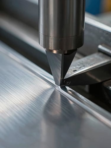 Extreme close-up macro of a 100-tonne press brake blade forming a crisp 90-degree bend on a sheet of cold steel, sharp metallic reflections, cool workshop lighting.