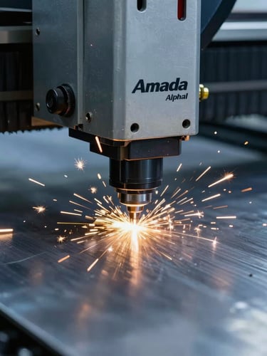 Close-up macro shot of an Amada Alpha CNC laser cutting head piercing a thick mild steel plate, sharp golden sparks flying, cool blue industrial lighting, high-contrast framing.