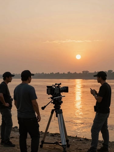 Cinematic wide-angle view of a professional camera crew setting up an anamorphic rig on the banks of the Brahmaputra River at golden hour, deep orange light reflecting on the water, atmospheric haze