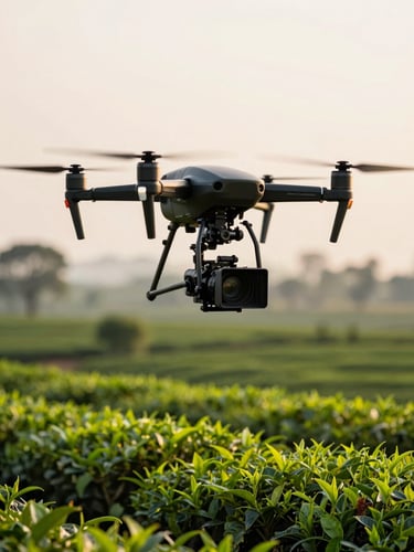 A high-end professional heavy-lift drone carrying a cinema camera, hovering over lush green tea gardens of Assam during golden hour, soft cinematic light, shallow depth of field
