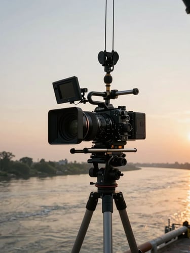 Behind-the-scenes shot of a high-end camera rig on a crane overlooking the Brahmaputra river at golden hour, cinematic lighting, anamorphic framing.