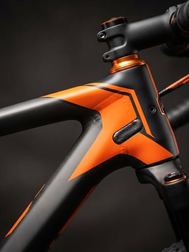 Sharp macro profile of a clean orange and charcoal mountain bike frame joint, high-contrast studio lighting, shallow depth of field