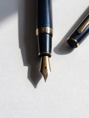 Extreme close-up of a high-end fountain pen resting on textured heavy paper, sharp directional warm afternoon light, deep architectural shadows, 35mm
