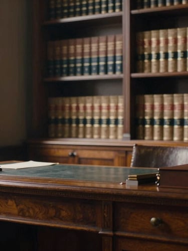 Solemn historic law office interior, heavy dark oak desk, leather-bound legal volumes, soft warm light from a side window, premium editorial style