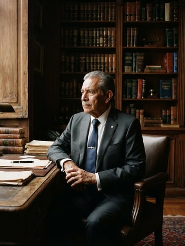 Solemn environmental portrait of a senior Mexican attorney in a dark tailored suit, sitting in a historic law office with heavy dark oak bookshelves, dramatic low-key window light, 35mm film.