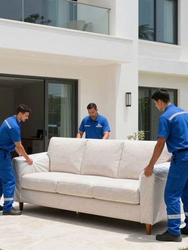 A professional moving team in clean blue uniforms carefully wrapping a premium sofa in a bright Dubai Silicon Oasis villa, 35mm lens, natural daylight
