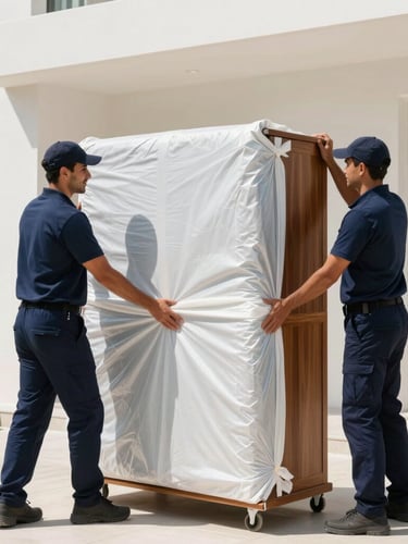 Movers in clean navy uniforms carefully wrapping a high-value wooden cabinet with thick protective transit blankets inside a bright Dubai villa, sharp focus, 35mm lens