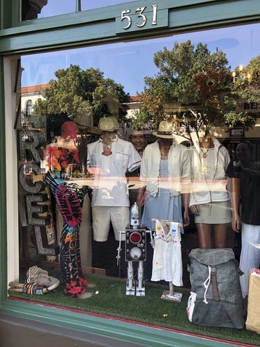 Talbotics robot sculpture window display at Marcel Hemp store in Santa Barbara.