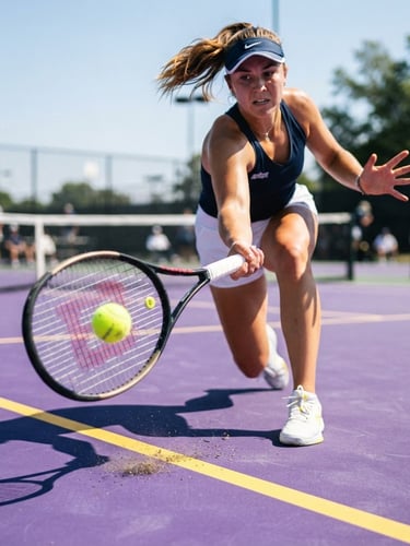Low-angle action shot of a tennis racket striking a ball under bright daylight, high contrast purple court lines, dynamic freeze frame