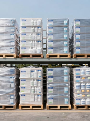Straight-on medium shot of neatly organized warehouse shelves with stacked bulk consumer goods under bright daylight.