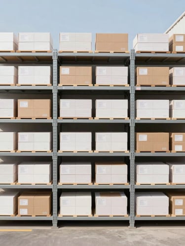 Straight-on medium shot of neatly stacked warehouse shelves with retail-ready goods under bright daylight, realistic colors