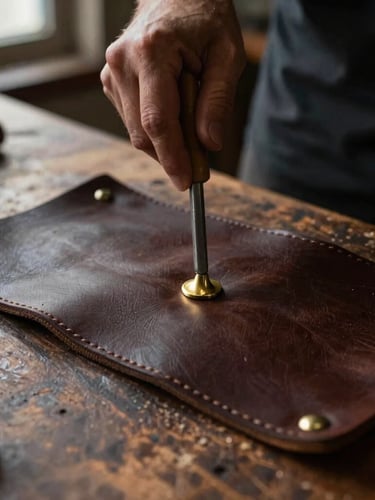 Close-up of an artisan hand-hammering a solid brass rivet into thick dark brown leather on an old wooden workbench, moody workshop lighting, 35mm