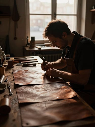 Wide environmental shot of a dimly lit leather workshop, an artisan at work with hand tools under warm golden-hour window light, dust motes in the air, deep shadows, 35mm