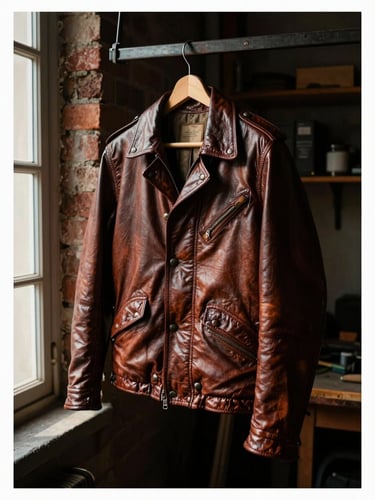 Moody editorial portrait of a classic leather jacket hanging on an iron rack inside a dimly lit brick workshop, warm side window light casting deep shadows on the rich grain.