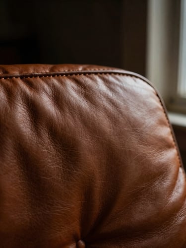 Moody editorial photography, extreme close-up of thick full-grain leather texture with heavy-duty hand-stitching, warm low-key side window light, deep shadows, 35mm