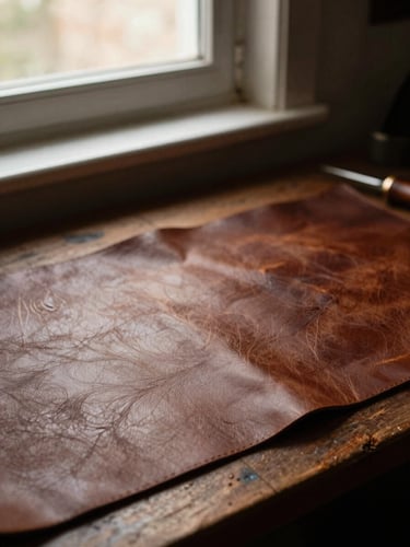 Moody editorial photography of a leather artisan's workbench, warm side window light, deep shadows, rich tactile leather textures, 35mm