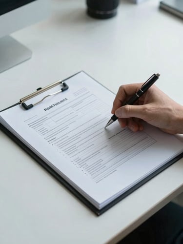 Close overhead view of a clean office desk under cool daylight, a hand holding a pen poised above a multi-page government form, a tabbed folder open beside it, document edges visible, no faces, no screens, calm organized work surface