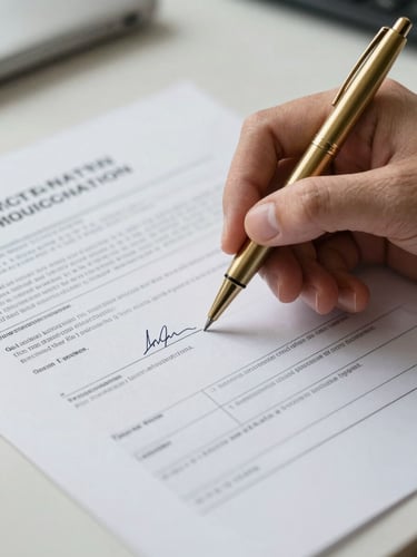 Close-up of a hand holding a brass pen, tip touching the signature line on a government immigration form, the form spread flat on a clean desk under soft office daylight, document text blurred in the background, tight editorial framing