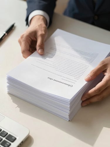 Close-up overhead of a pair of hands organizing a neat stack of documents on a clean desk, a pen resting alongside a signed paper, office daylight falling from the left, the desk surface warm cream, paperwork crisp and orderly