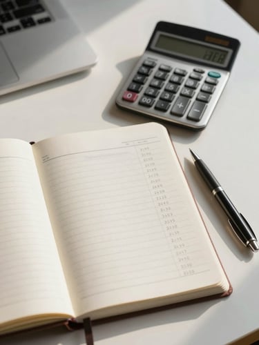 Close overhead shot of an open ledger and a calculator resting on a clean desk surface, a pen placed beside a column of handwritten figures, office daylight from the left casting soft shadows across the pages