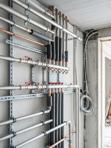 Teknisk bild av rena, nya rörinstallationer i ett flerbostadshus, med fokus på precision och moderna anslutningar, i ljus naturligt dagsljus. Ingen text eller skräp.