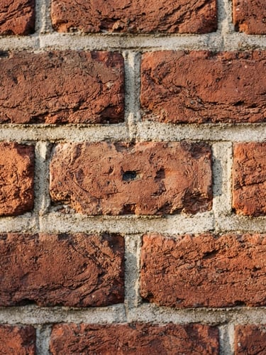 Macro shot of clean, historic red brick masonry with crisp mortar lines, warm natural side lighting, sharp details, 35mm lens
