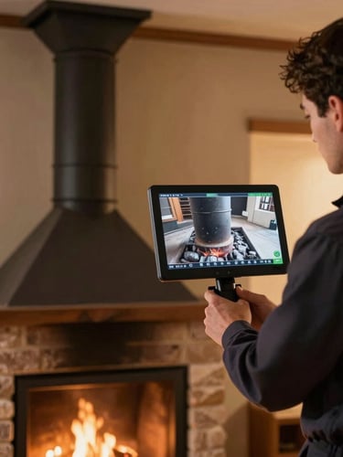 A professional chimney technician in a clean uniform viewing a high-definition video inspection screen showing a clean flue, sharp detail, warm indoor lighting