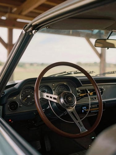 Detail shot of a vintage steering wheel and dashboard of a classic car parked inside a clean timber barn, soft golden hour light, 35mm film