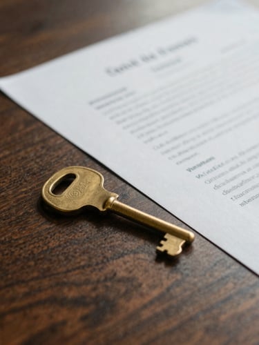 Close-up of brass keys resting on a dark oak table next to legal documents, soft overcast daylight, muted earth tones
