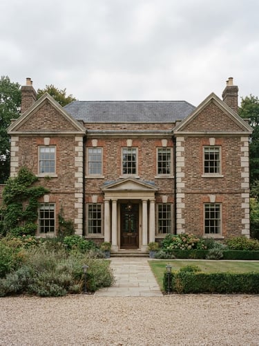 Straight-on architectural elevation of a classic brick estate house, soft overcast daylight, muted earth tones, 35mm film aesthetic