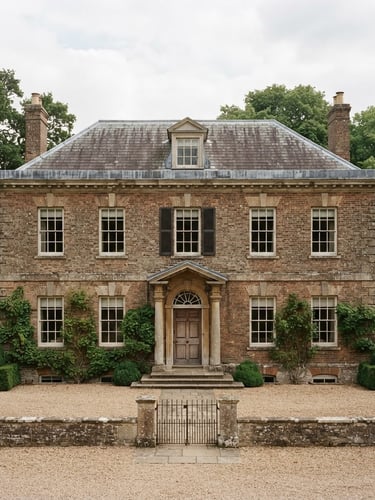 Straight-on architectural elevation of a historic brick estate home, soft overcast daylight, muted earth tones, sharp focus, 35mm film aesthetic.