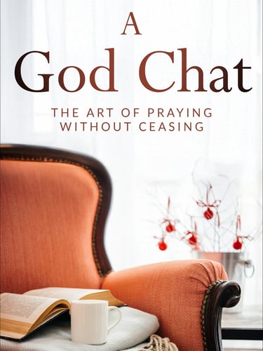 Book cover for A God Chat by Patricia Clarkson featuring a cozy armchair with a coffee mug and open book.