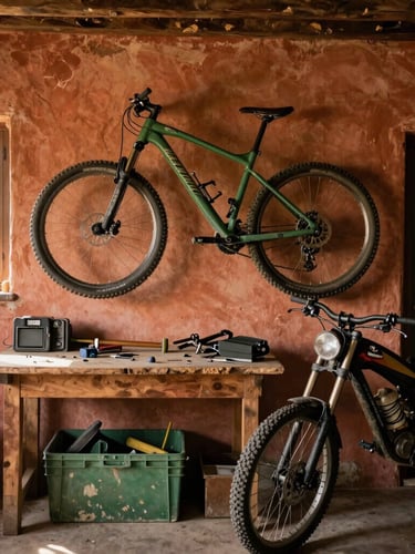 Interno di un garage rustico ma ordinato, con mountain bike appese e una moto parcheggiata, attrezzi da officina su un banco di legno, luce naturale che entra da una finestra, stile fotografico rustico e caldo.