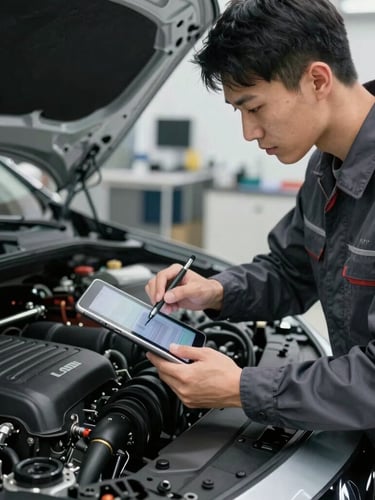 Close-up portrait of an immaculate technician in a dark grey uniform using a digital tablet to scan a clean car engine bay, cool industrial workshop daylight, sharp focus