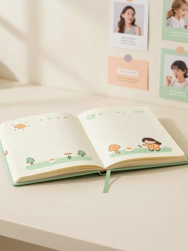 Cozy aesthetic workspace with pastel green and peach stationery, open illustrated notebook, customized photocards on the wall, soft window shadow