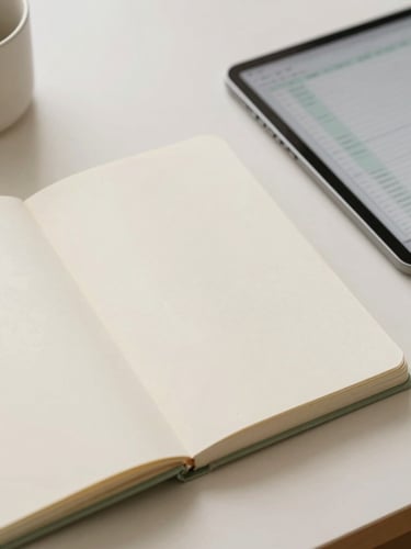 Soft pastel product photography of a cozy desk setup, an open notebook showing rich paper texture, a tablet showing a digital planning template, warm diffused morning light, cream and sage tones