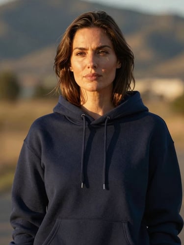 Medium-close portrait of a woman standing confidently outdoors in Boise, wearing a structured navy hoodie, soft golden-hour side light, shallow depth of field, 35mm